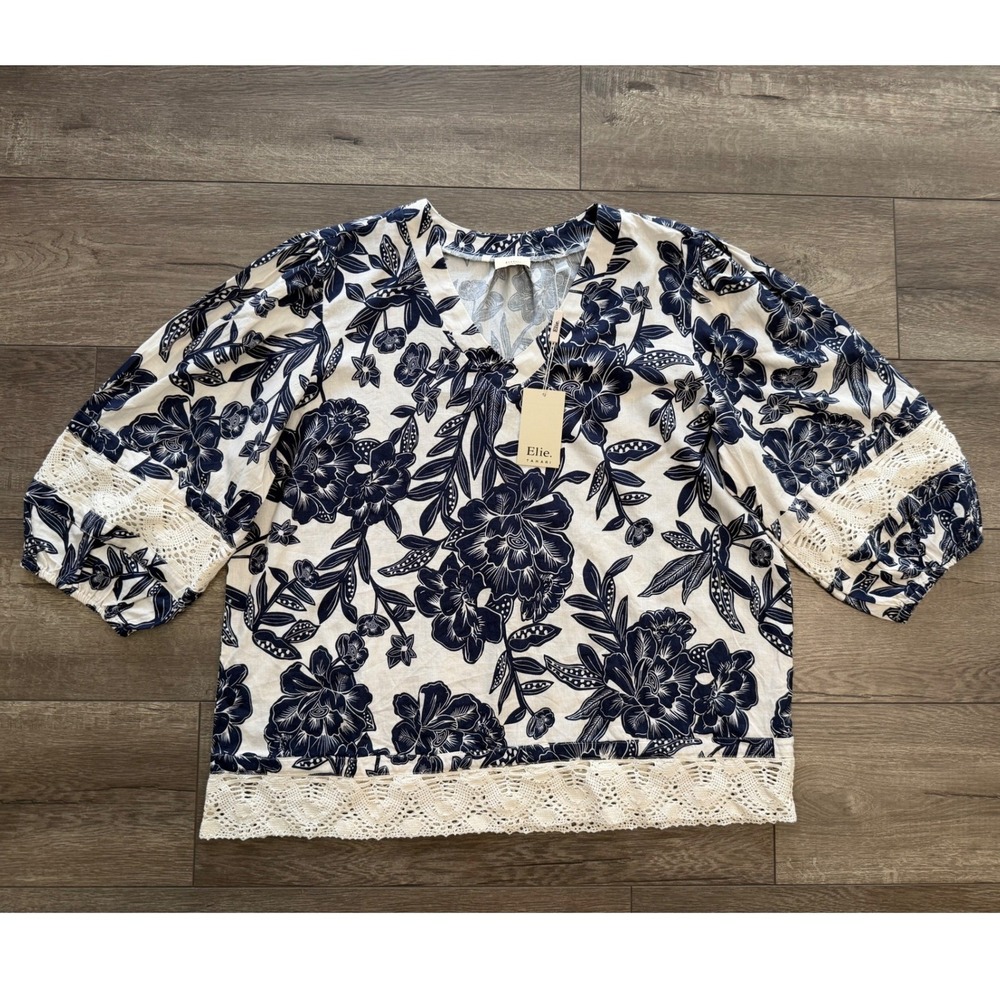 Elie Tahari Women XL Linen Blend Floral Crochet Lace Blouse Ivory Navy NEW